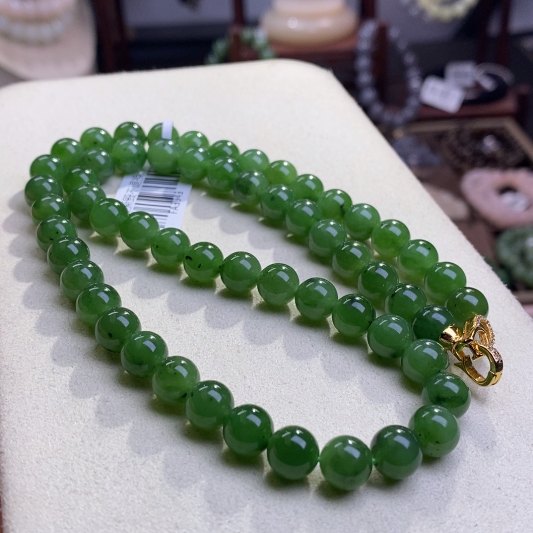 和田玉碧玉高冰老矿料阳绿圆珠项链8m未镶嵌