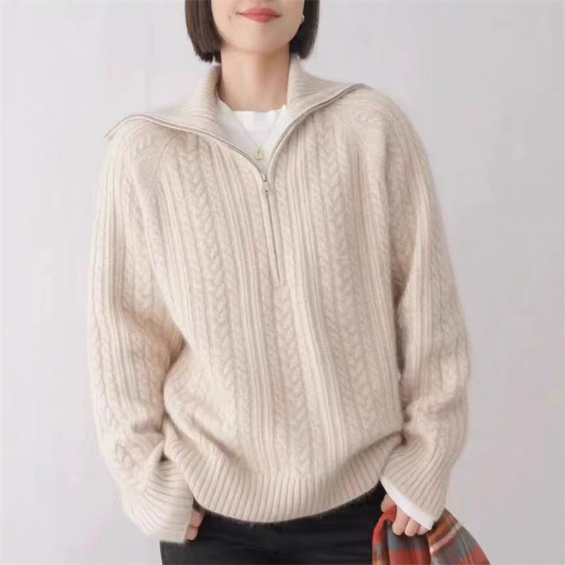 【商场同款】100%羊毛衫重工绞花半拉链立领加厚女宽松针织打底衫