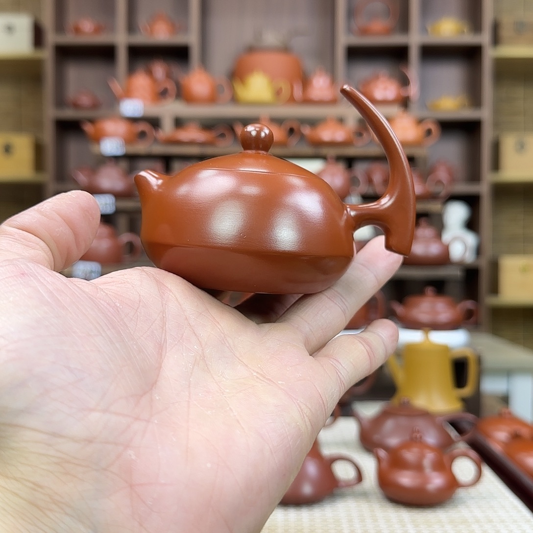 茶壶紫砂潮州手拉壶朱泥半把半月