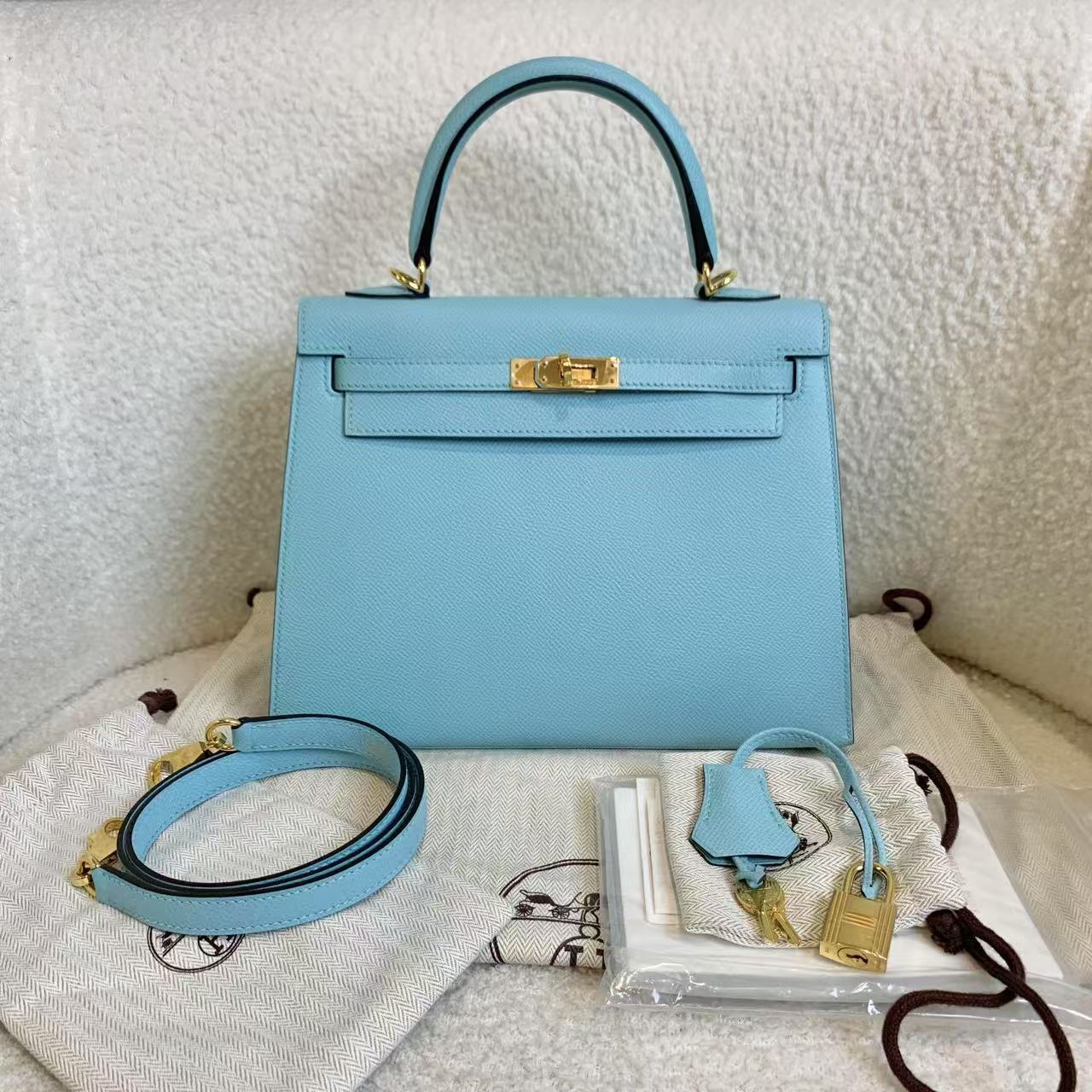 99新 Hermes/爱马仕 壹臻/马卡龙蓝金扣kelly25 X刻 e皮 63339468