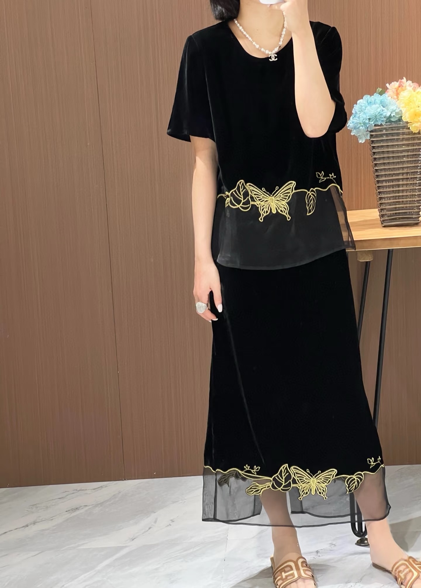 【媚碟】高端重工金线蝴蝶刺绣拼接桑蚕丝欧根纱新中式显瘦上衣裙子