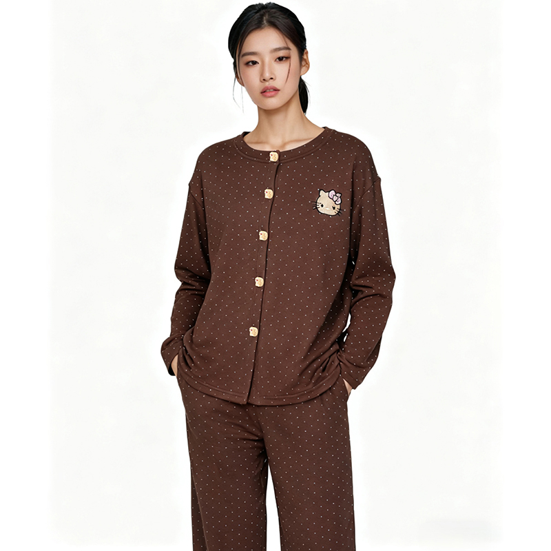 秋冬季保暖德绒睡衣女长袖长裤可外穿波点卡通猫家居服套装8323#