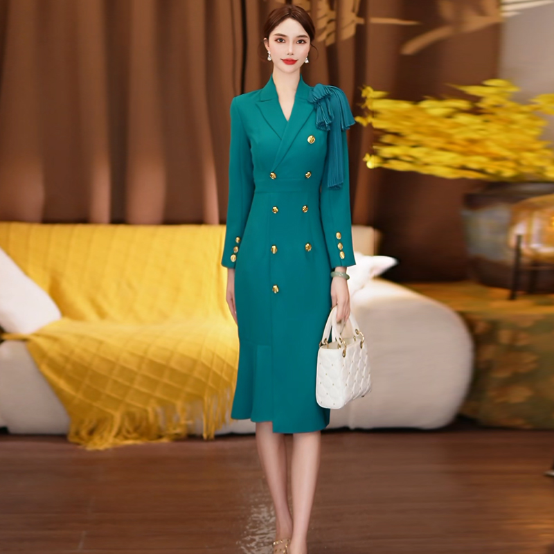 绿色西装领连衣裙长袖职业装包臀裙中长宽60430