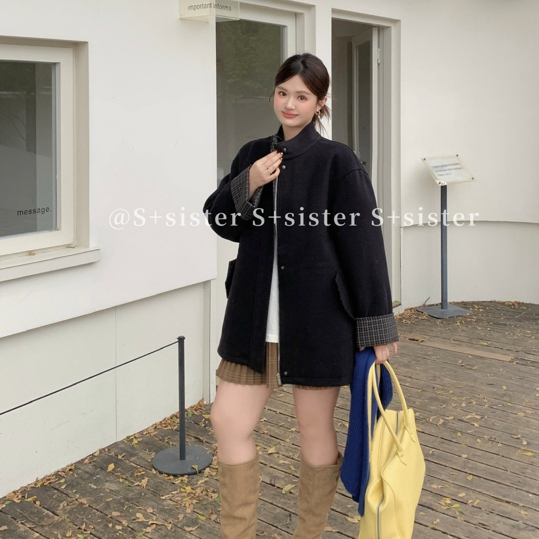 S+秋冬韩版复古中长款加厚毛呢大衣女通勤气质百搭格子撞色外套