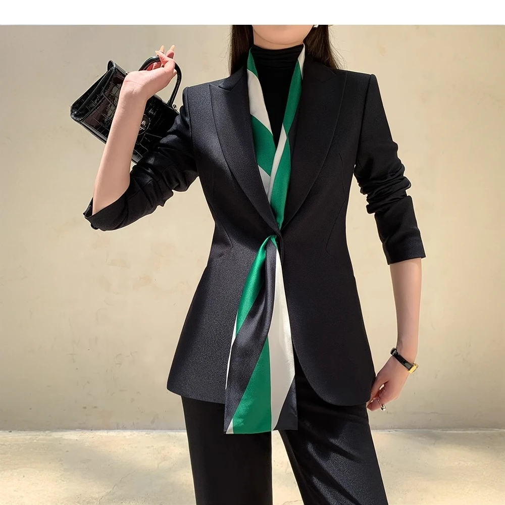 气质高级感黑色西装外套女2024秋冬季新款修身微喇裤西服套装0277