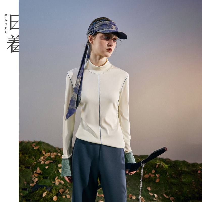 日着游马针织T恤2025新款秋装丹宁风修身打底衫上衣女RD3227S0