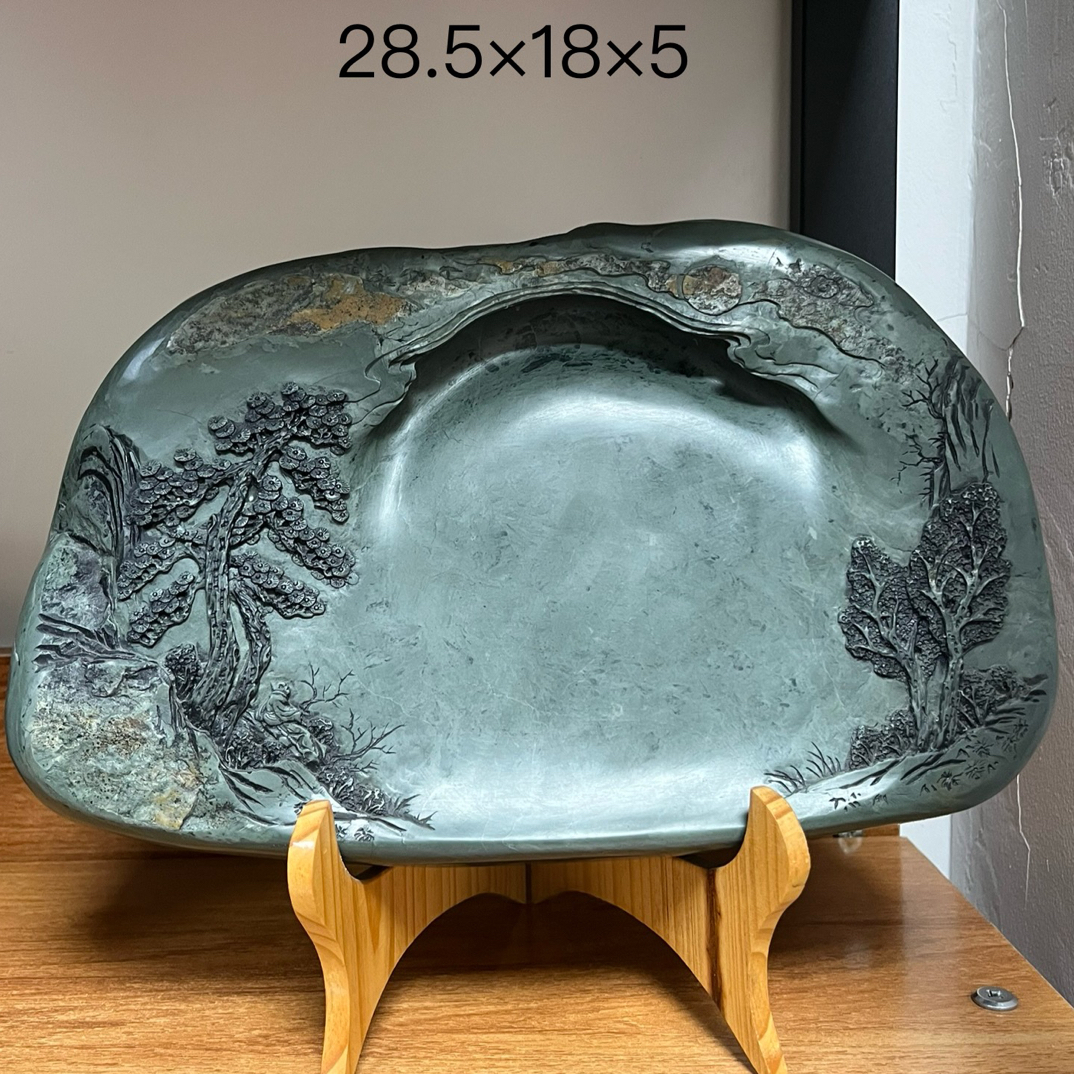 甘肃洮砚水泉老坑黄膘绿波随型松树砚观赏送礼尺寸28.5×18×5