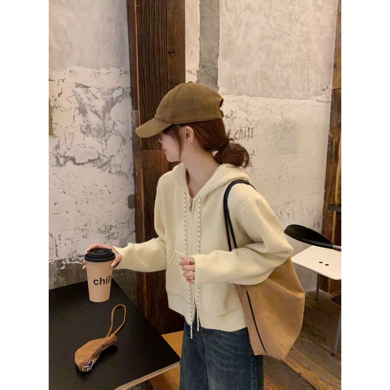 【C·Cai】韩系设计感简约双拉链口袋连帽开衫870#高级短款气质外套