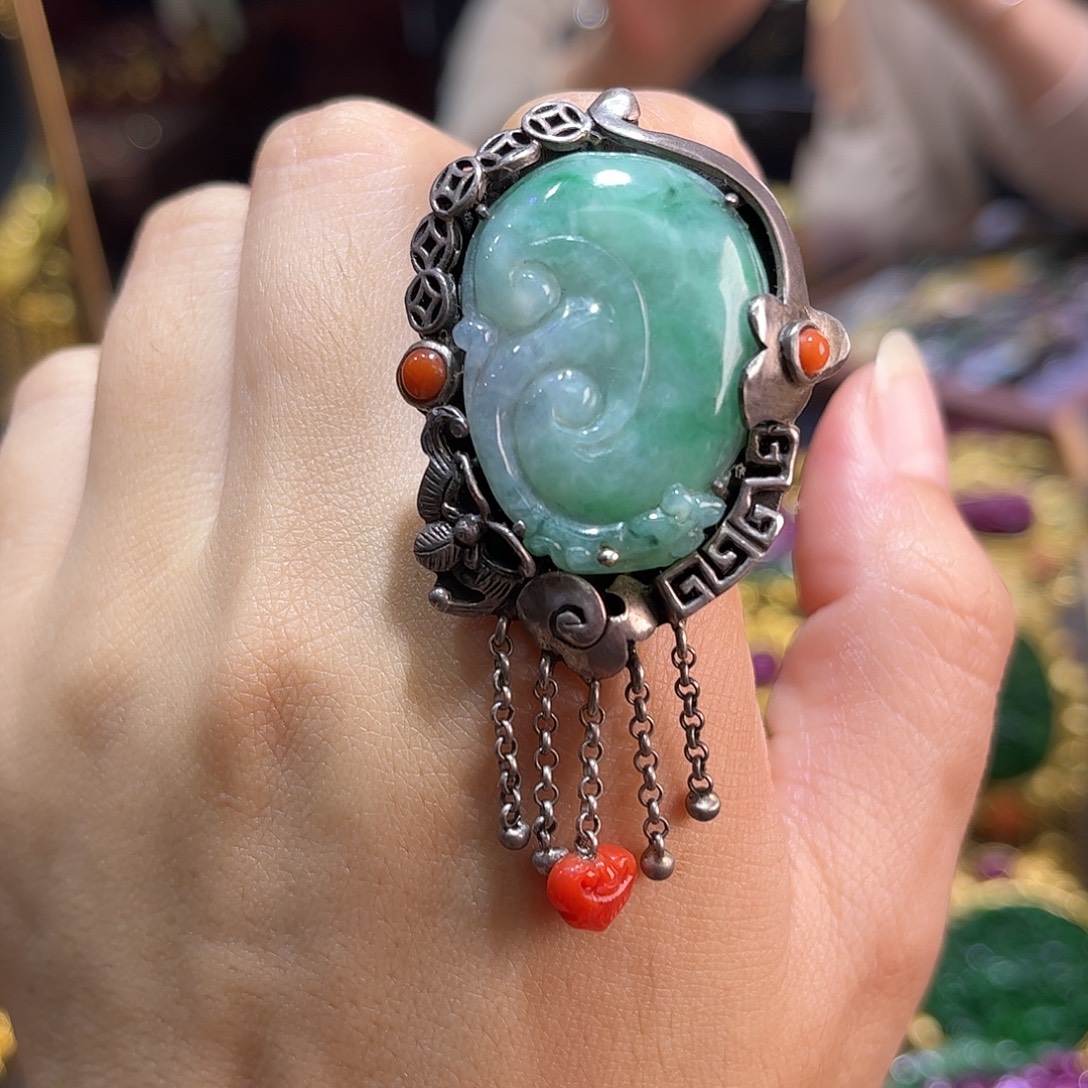 银S925镶嵌戒指翡翠如意戒指