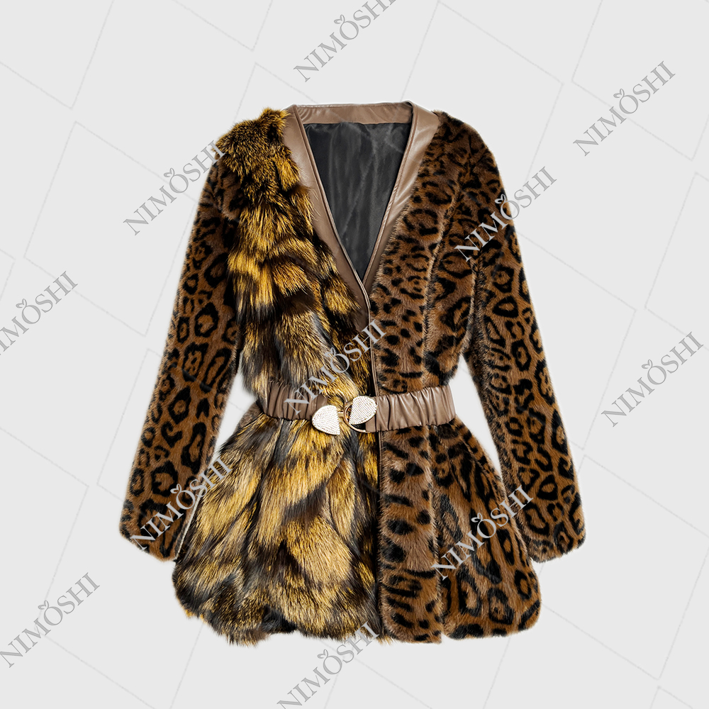 NIMðSHI【莎莎】欧式中长款豹纹束腰收身毛外套高级感时尚百搭L5106