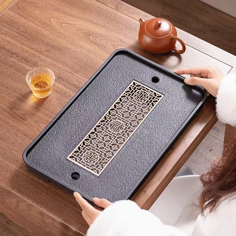 【朱】仿乌金石茶盘简约蓄排两用排水式干泡台茶盘