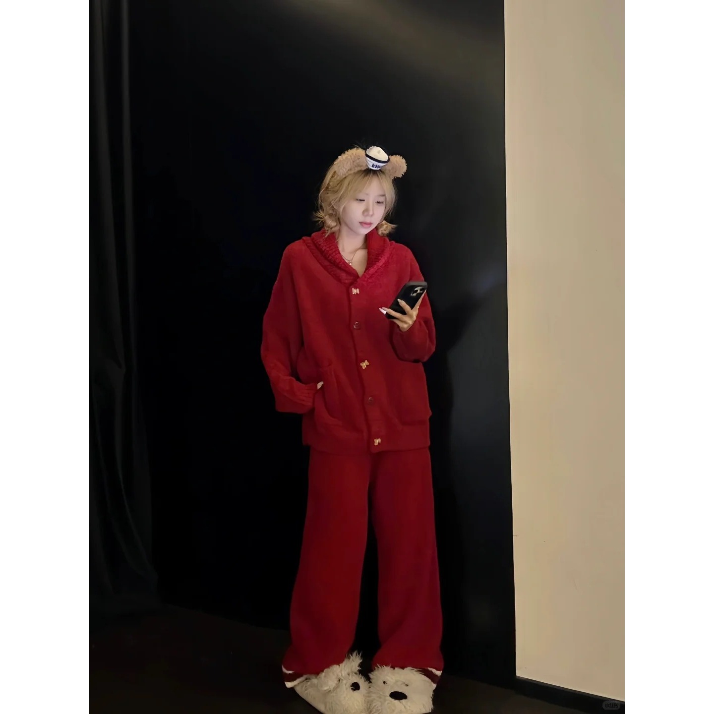 韩系圣诞新年红针织半边绒睡衣女冬季新款保暖加绒休闲家居服套装