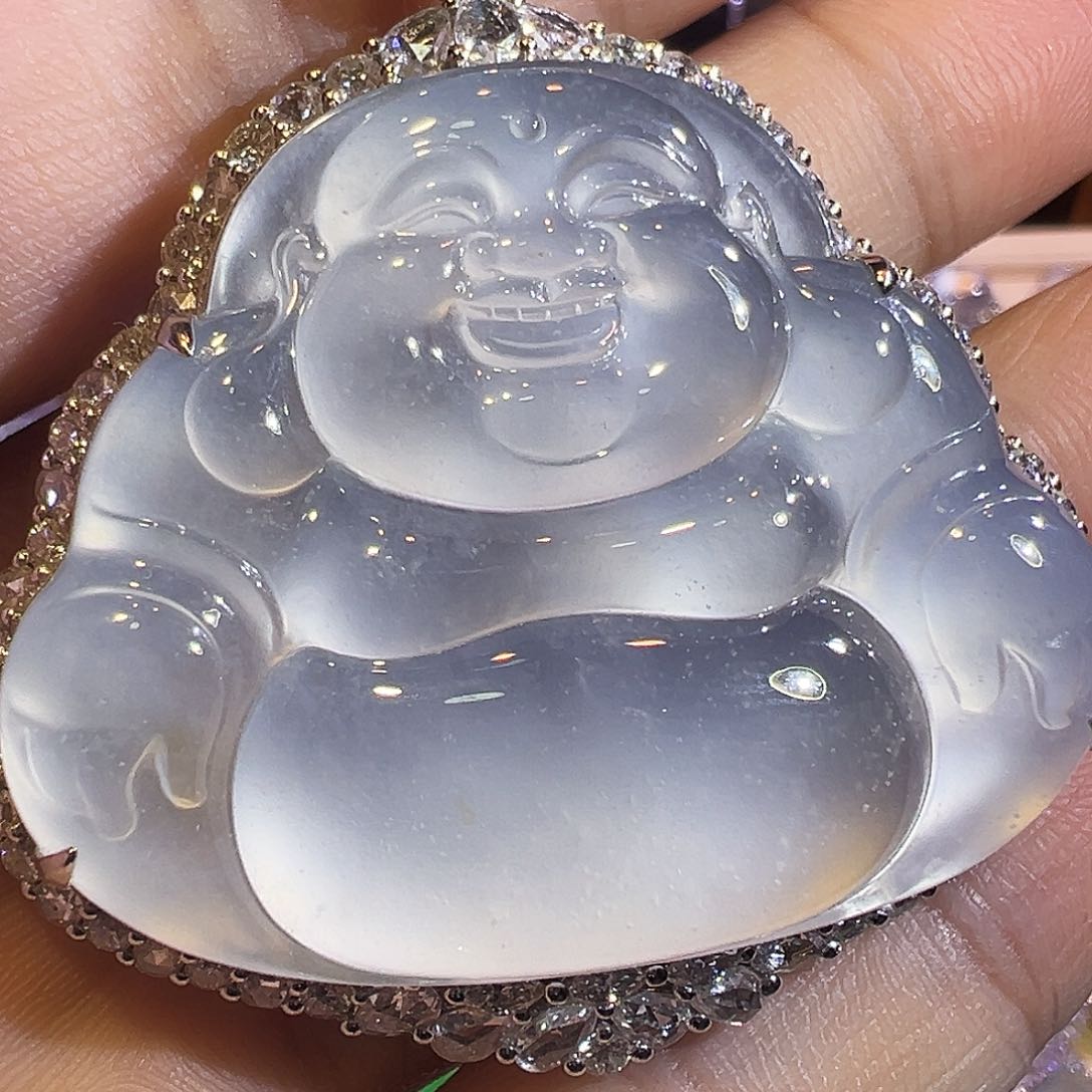 翡翠18K金镶嵌吊坠(赠链)玻璃种木纳雪花棉大佛公