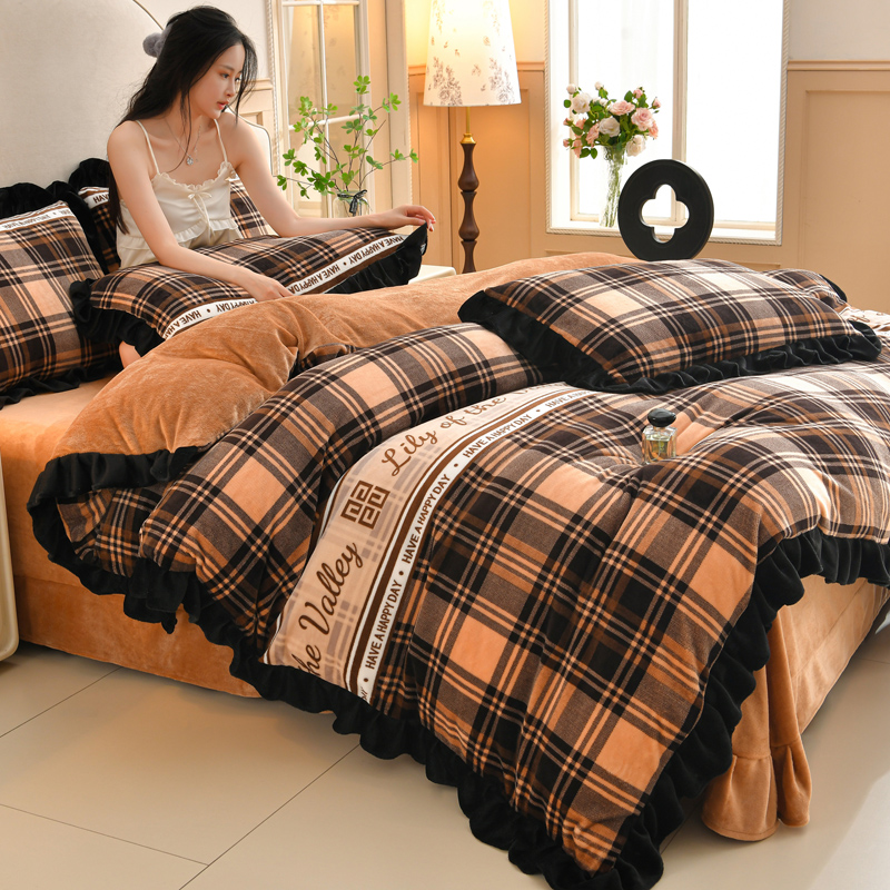 2025新款法式韩版加厚牛奶绒花边四件套 被套床单双面绒 床上用品