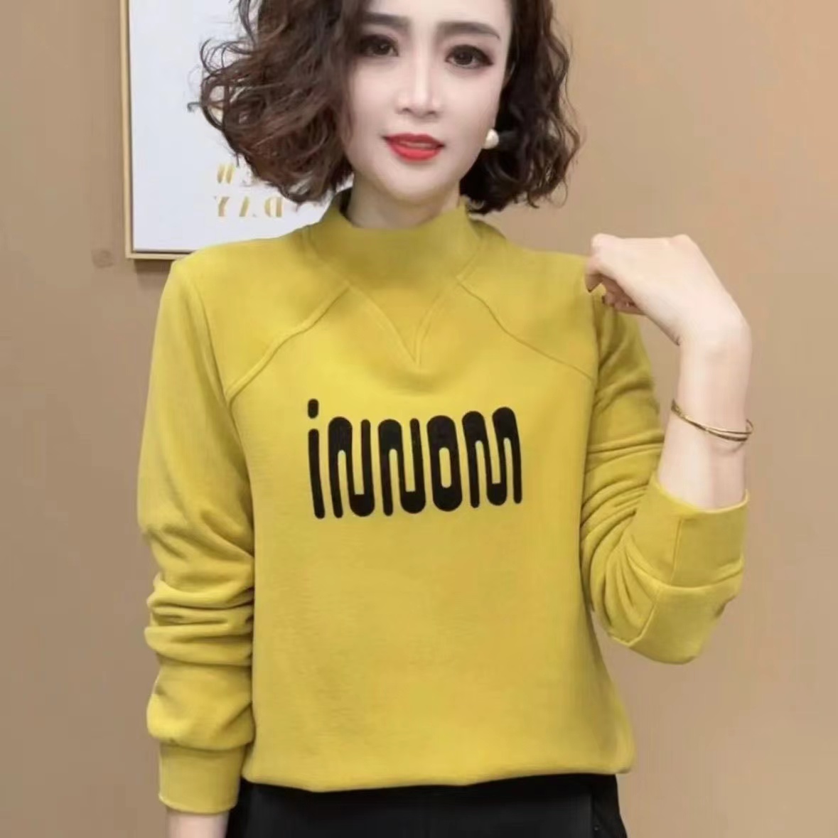 德绒半高领卫衣女秋冬季新款洋气印花内搭保暖百搭设计感上衣女