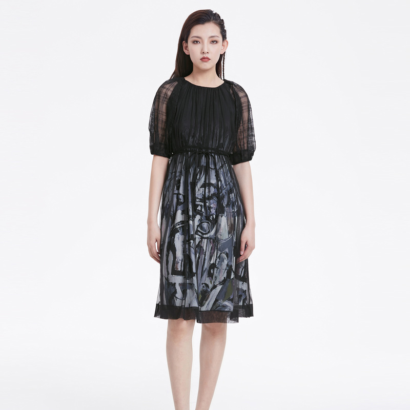 圣迪奥时尚气质女装圆领印花收腰不规则连衣裙S222Z1237