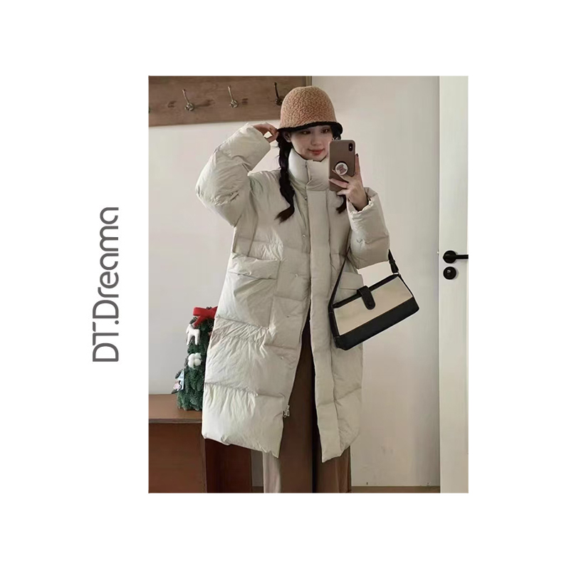 韩版羽绒服女新款中长款纯色休闲显瘦中长款宽松立领冬外套