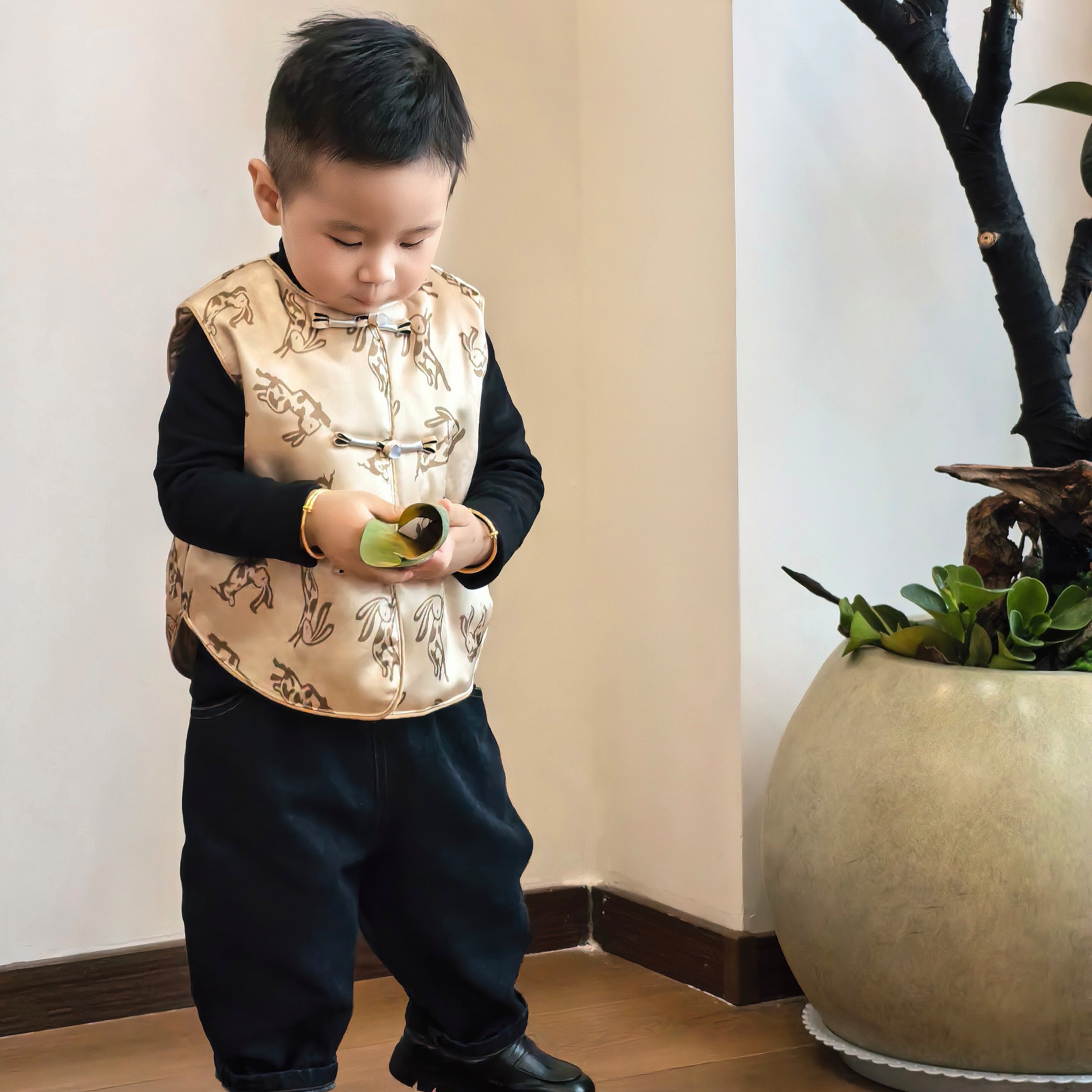 壹妈童装男童女童拜年服套装秋冬儿童国风新中式夹棉马甲加厚长裤