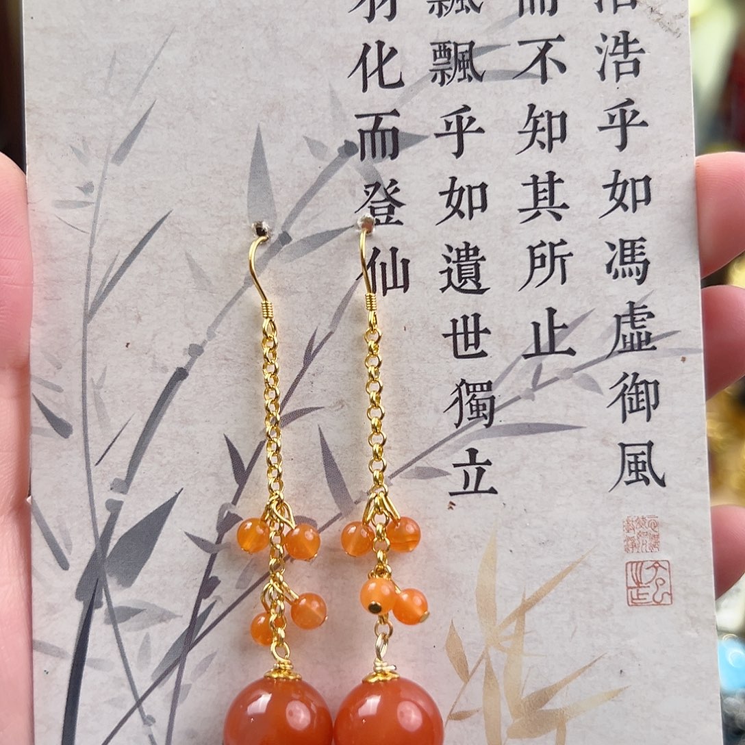 银S925镶嵌琥珀耳饰，