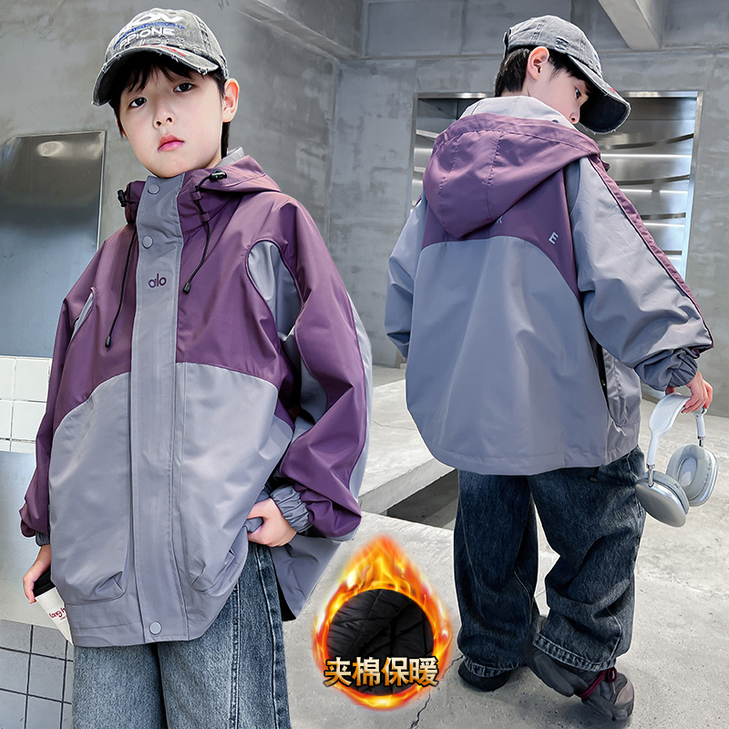 XX5080男童外套秋冬款新款中大童加厚拼色帅气儿童夹棉连帽冲锋衣