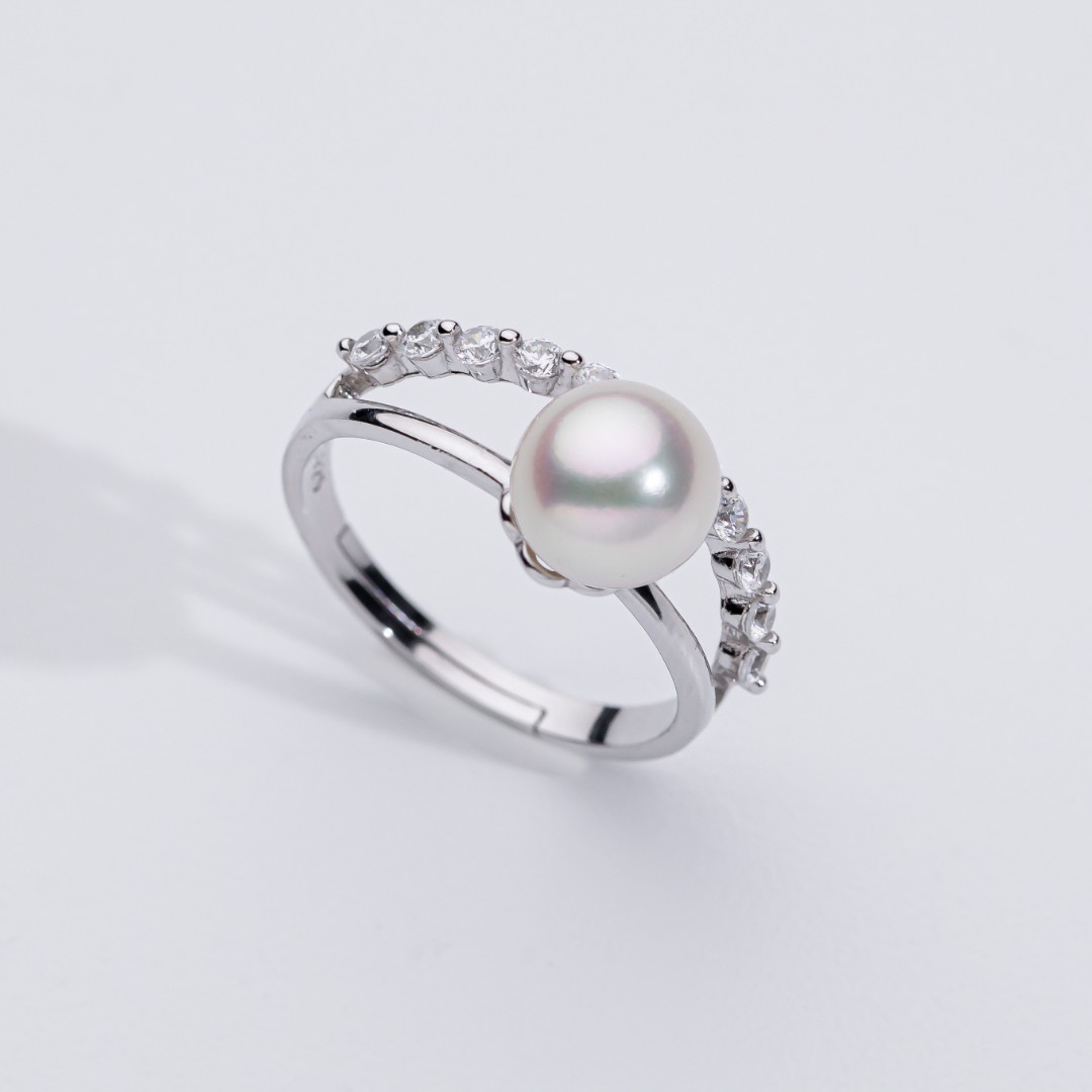 【寒屿珠宝】海水Akoya珍珠戒指7-8mm S925银 简约设计