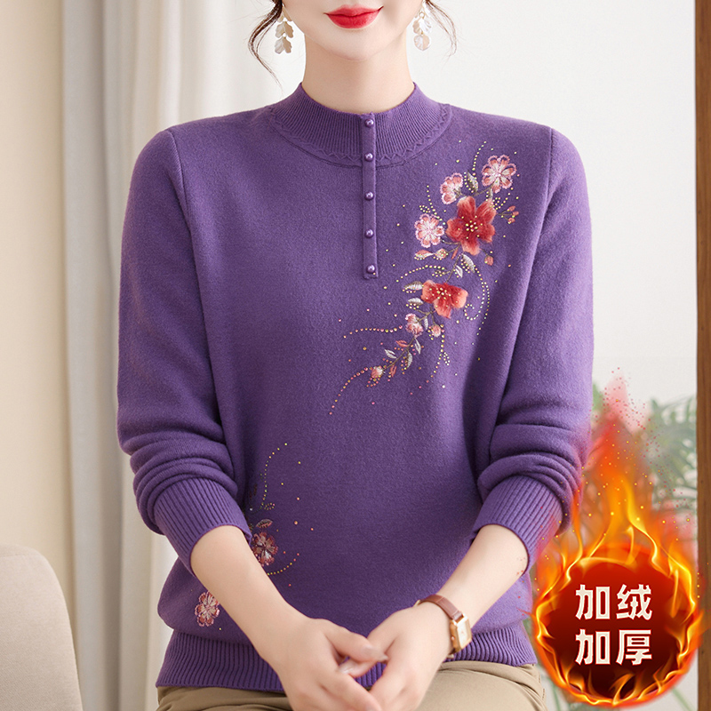妈妈装秋冬加绒加厚毛衣一体绒针织打底衫中老年保暖上衣#25222