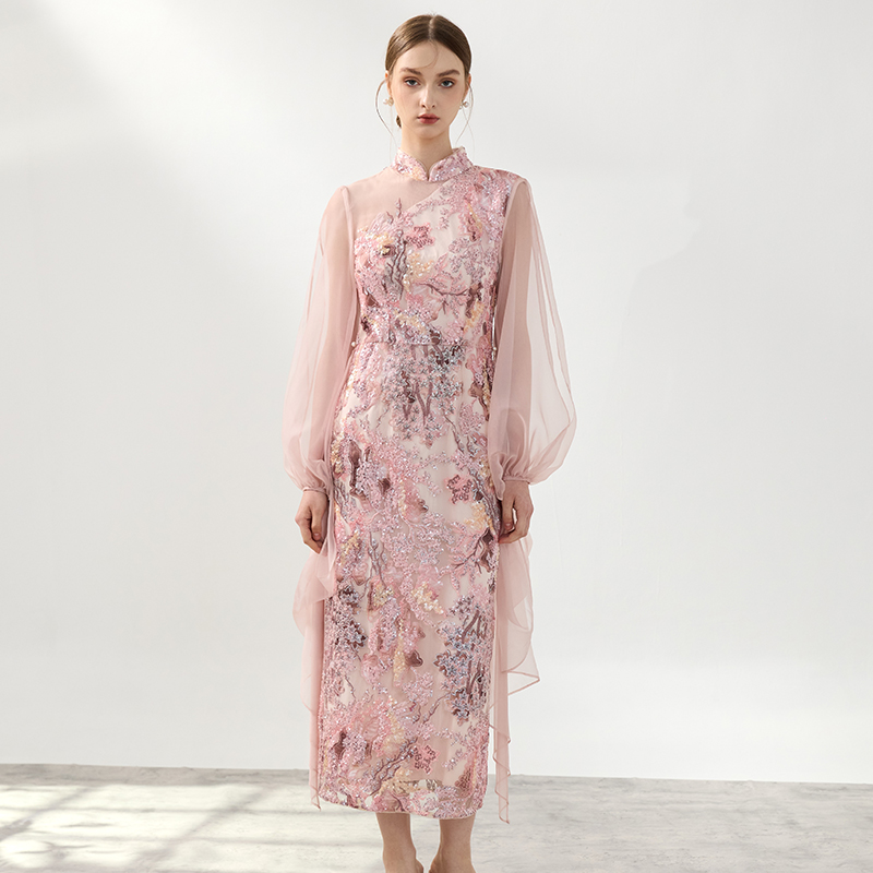 S25018新中式改良旗袍礼服裙新娘敬酒服高端订婚坠地刺绣连衣裙