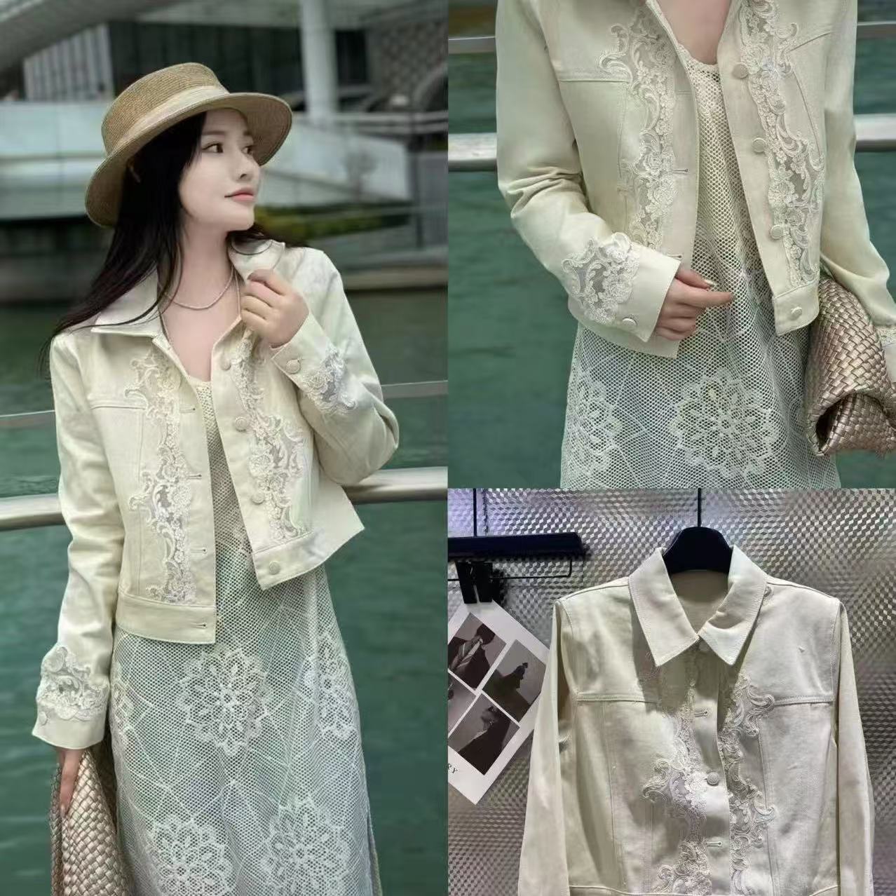 428/25835/135春季新款翻领拼蕾丝百搭减龄单排扣短款牛仔外套