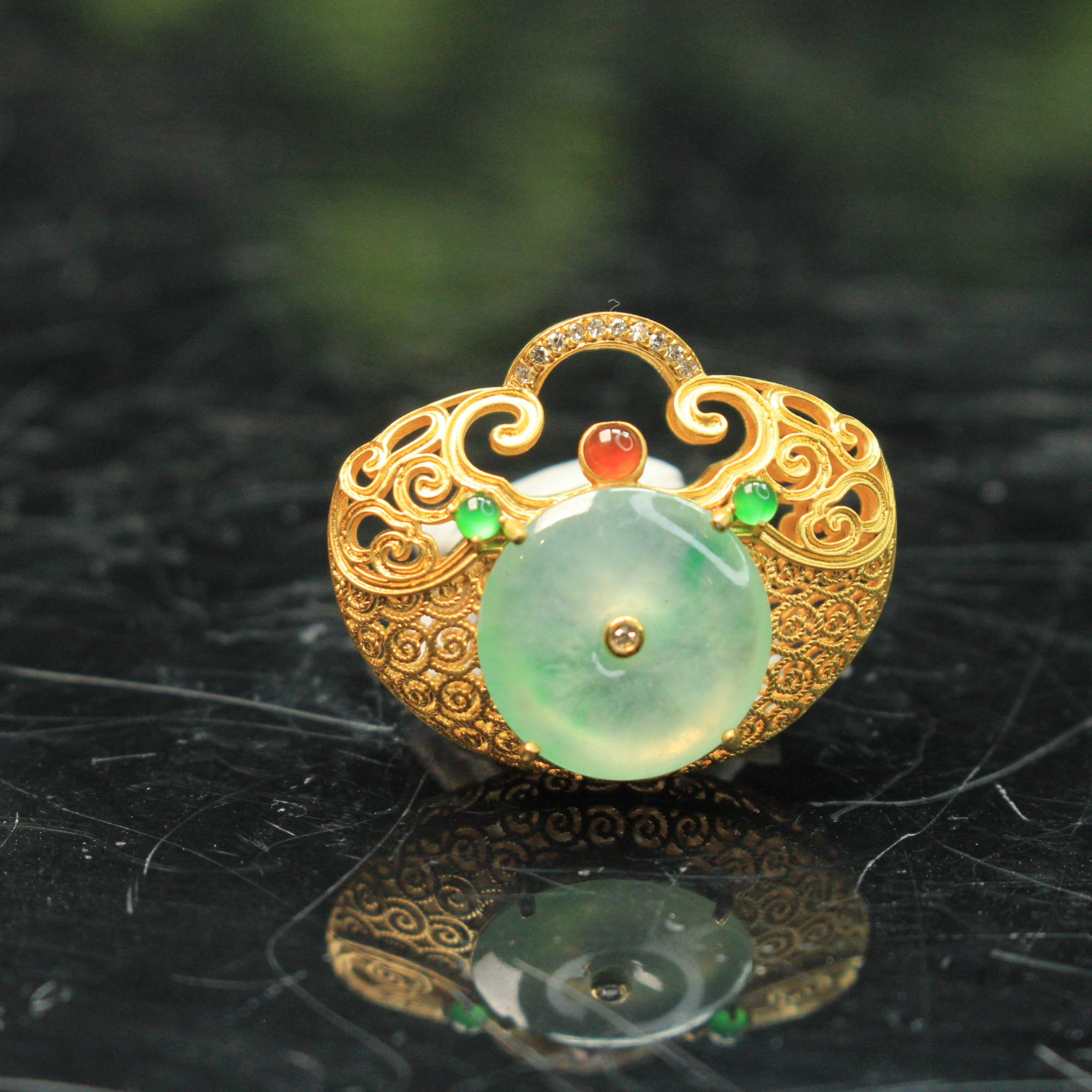 5ZB天然缅甸A货翡翠扣子如意锁/701564嘉禾臻宝