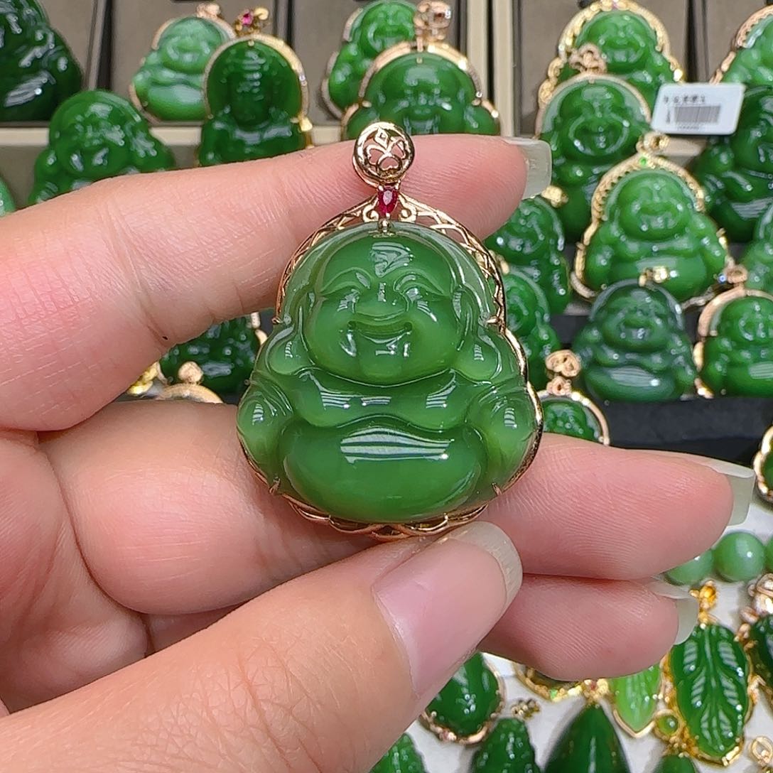 和田玉（碧玉）吊坠(不含链)18K金镶嵌