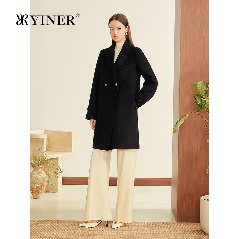 YINER音儿2025冬季新款法式一手长羊毛羊绒混纺H型翻领双面呢大衣