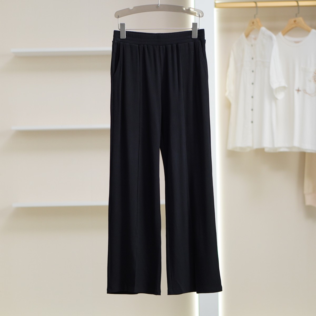 【诗M】E018 女装夏舒适百搭冰丝开叉阔腿裤黑色2226756