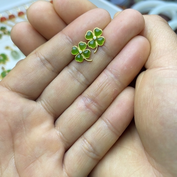 和田玉耳饰银S925镀金镶嵌