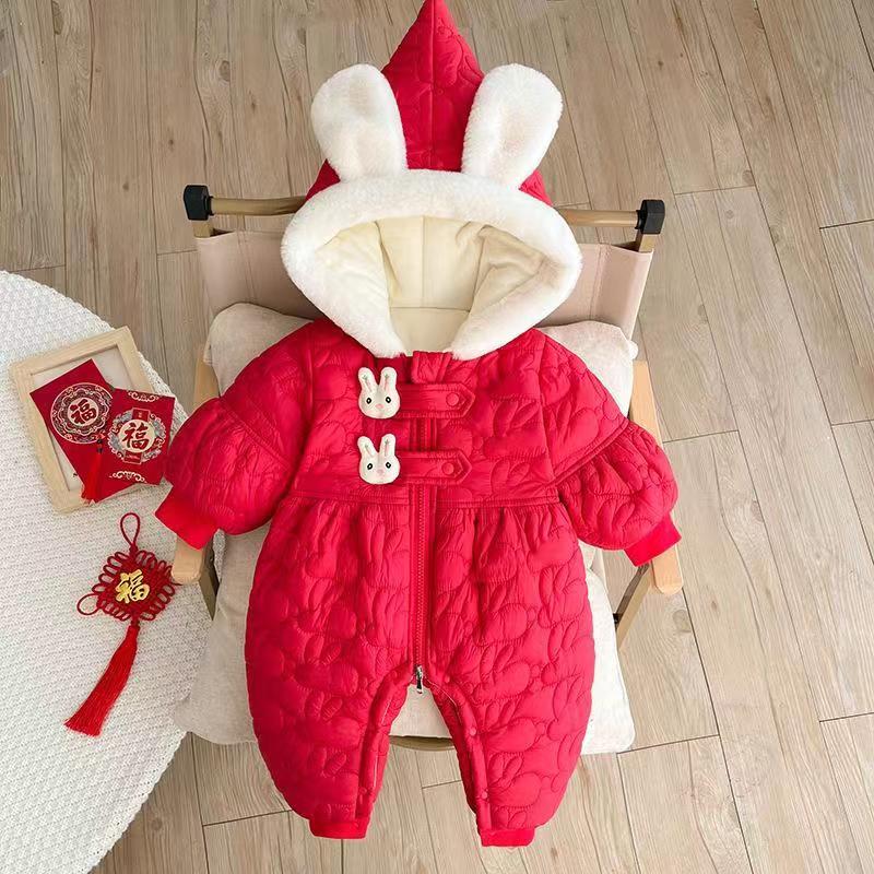 冬款婴幼儿宝宝必备可爱萌趣兔耳尖帽厚棉哈衣外穿爬服