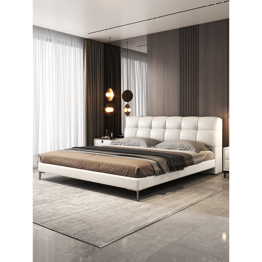 泡芙齐边高脚床真皮床主卧大床高端婚床现代软包床新款双人床