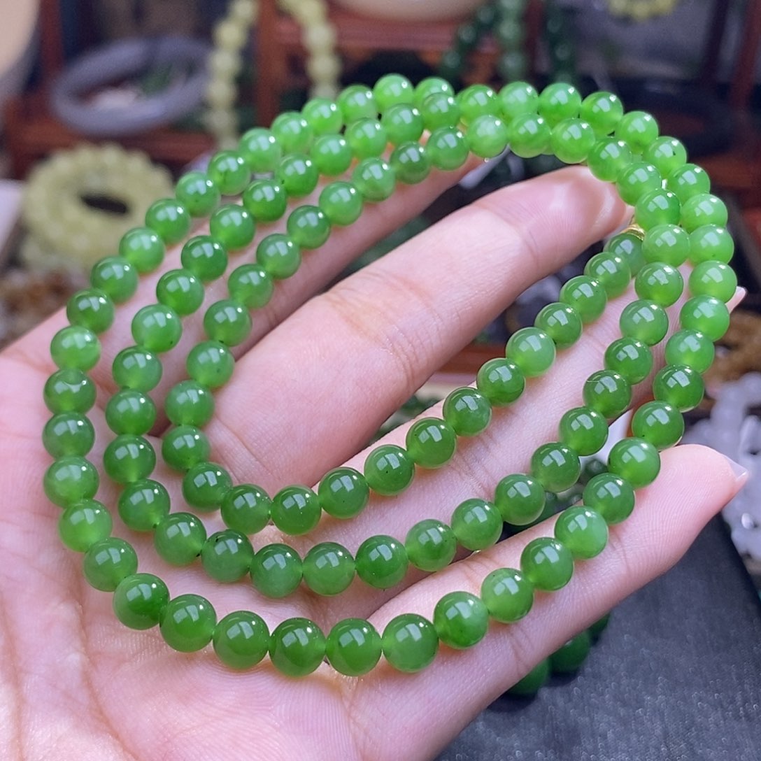 和田玉碧玉阳绿108卡6mm未镶嵌