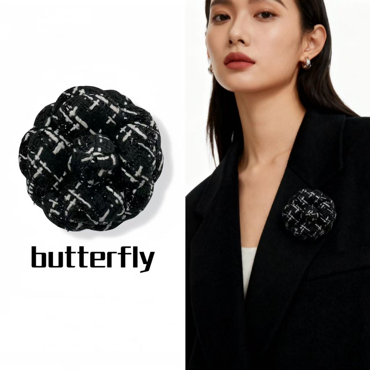 非金属布艺胸针 小香风山茶花胸针法式轻奢百搭高级黑色胸花别针