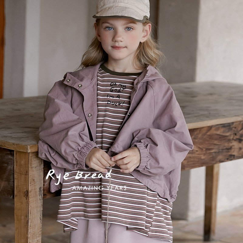 ryebread/黑面包童装 韩系纯色女中大童短款连帽按扣外套4春秋