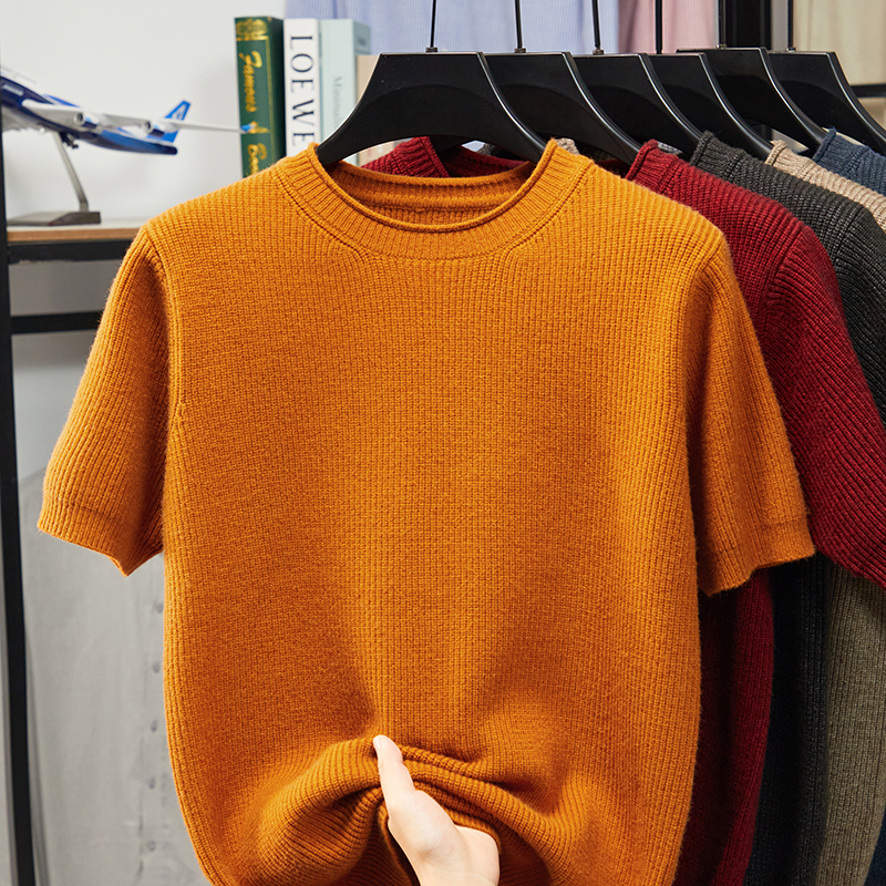【山羊绒100% 反季福利】轻奢软黄金羊绒休闲男士圆领短袖针织打底