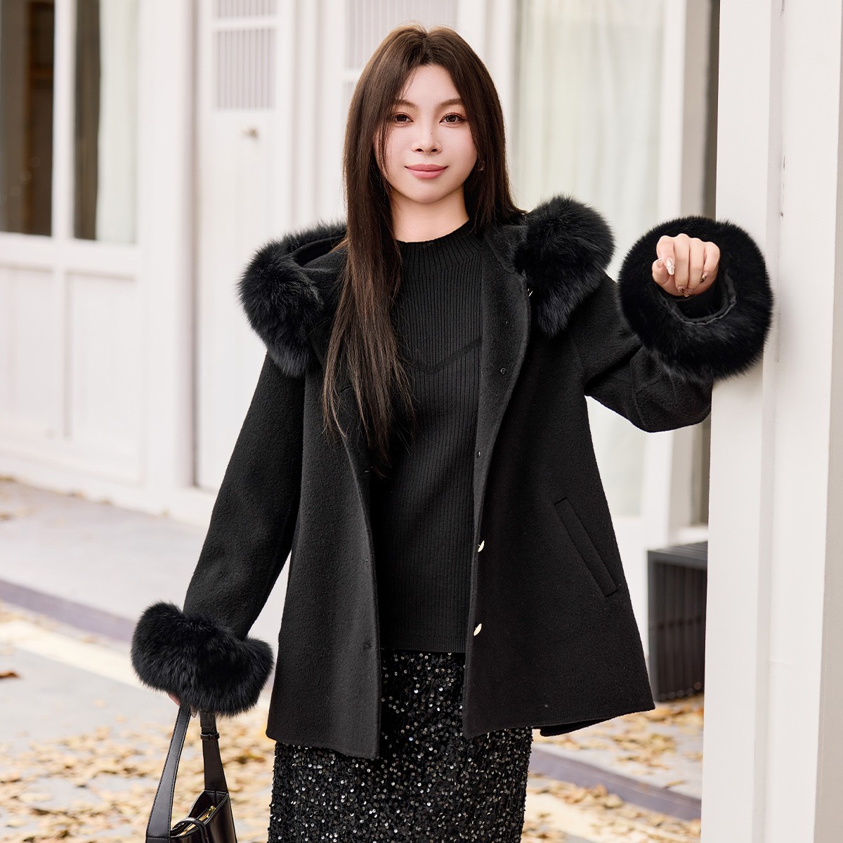 【可拆狐狸毛+100绵羊毛】MsShe大码女装2025毛领双面呢D~E2511007