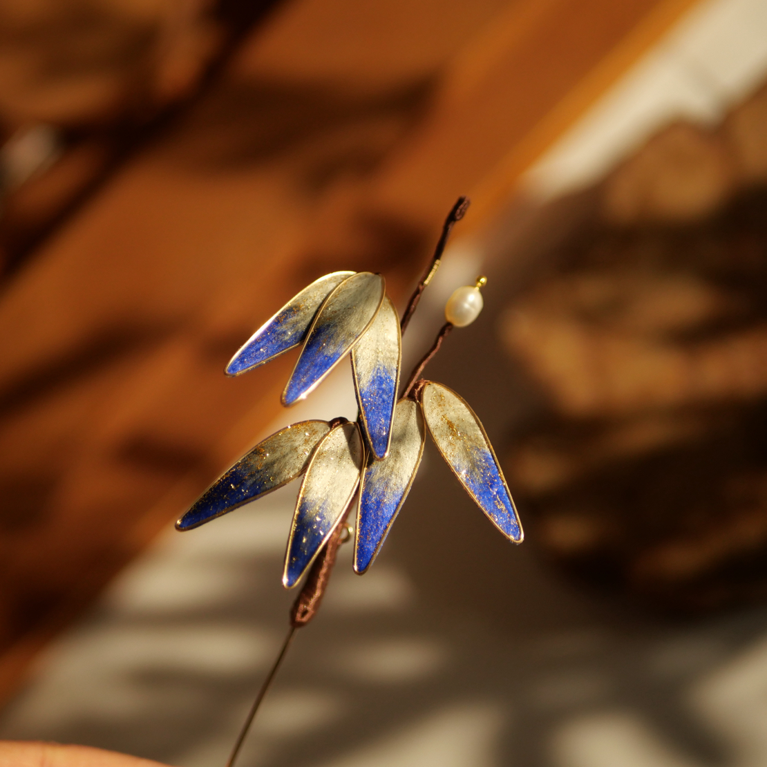 千里江山配色掐丝绒花竹叶胸针发夹手工百搭国风简约日常