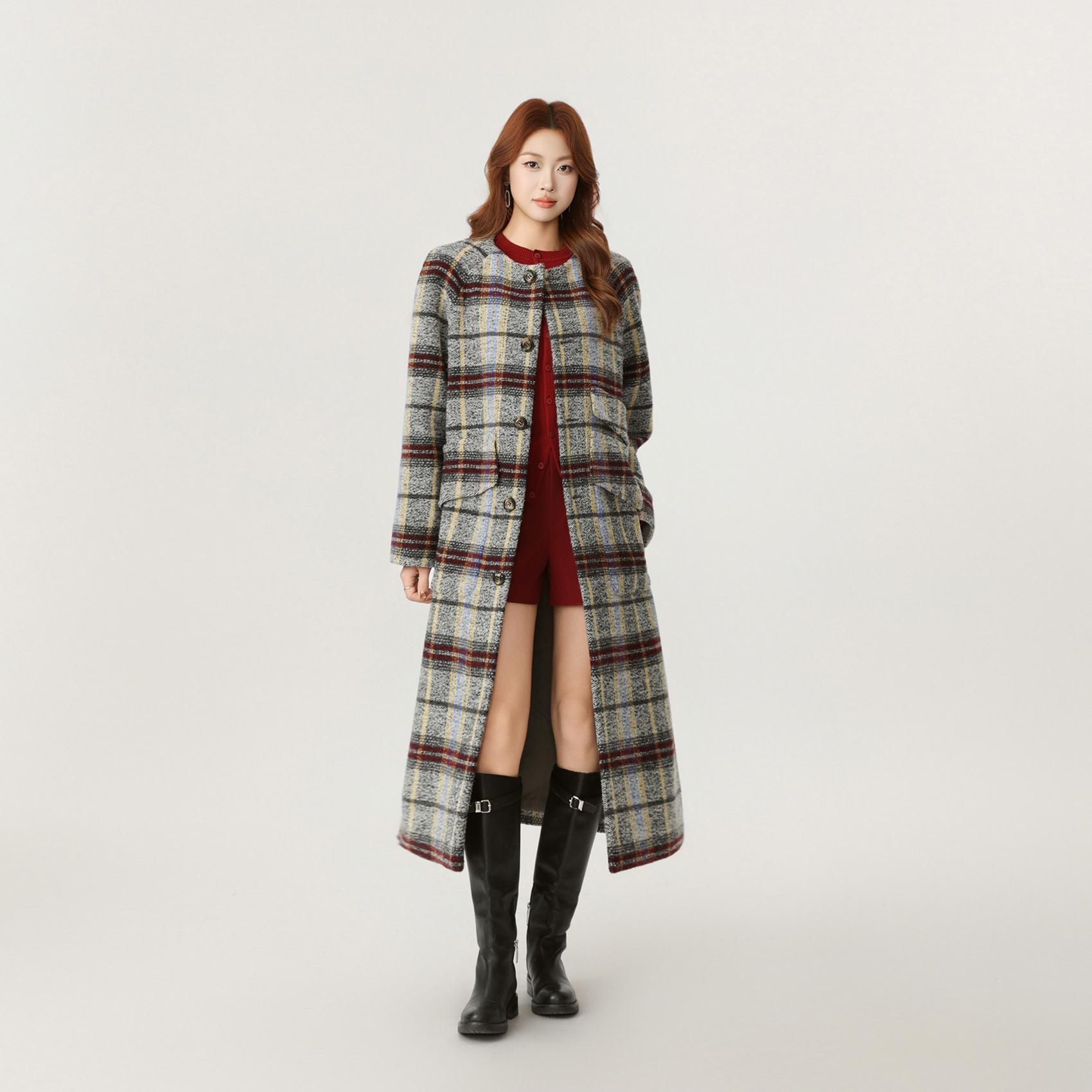 AMASS/阿玛施秋冬保暖法式格纹复古百搭显瘦小香风羊毛大衣540093