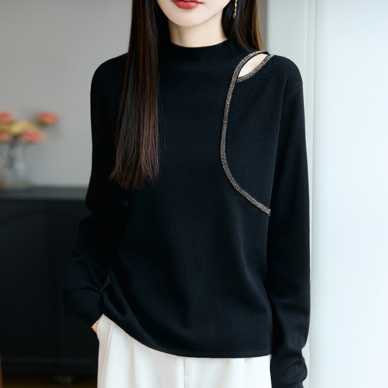早秋薄款长袖设计感女士毛针织衫休闲百搭修身圆领套头上衣