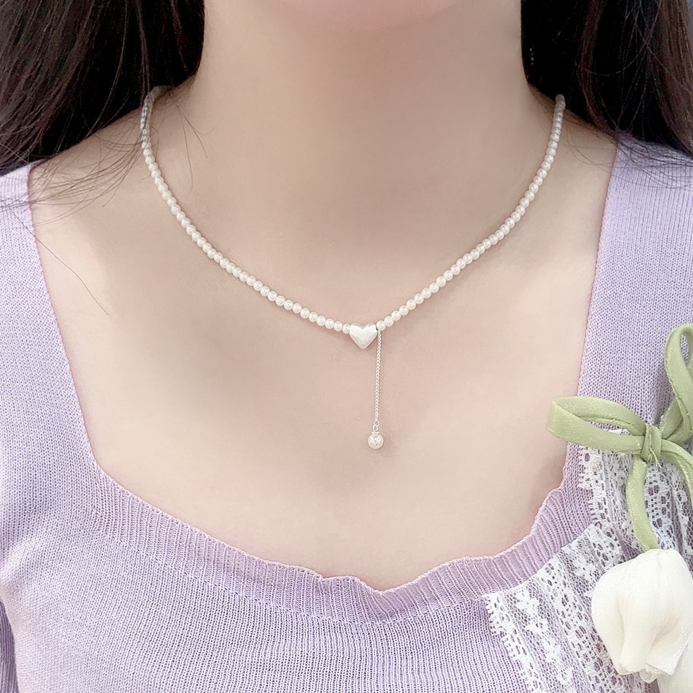 铜合金项链 拉丝爱心流苏3mm米珠项链时尚气质