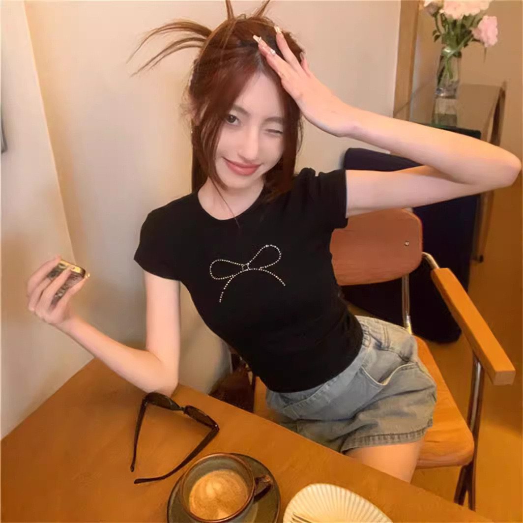 夏季辣妹短袖T恤蝴蝶结烫钻修身短款上衣