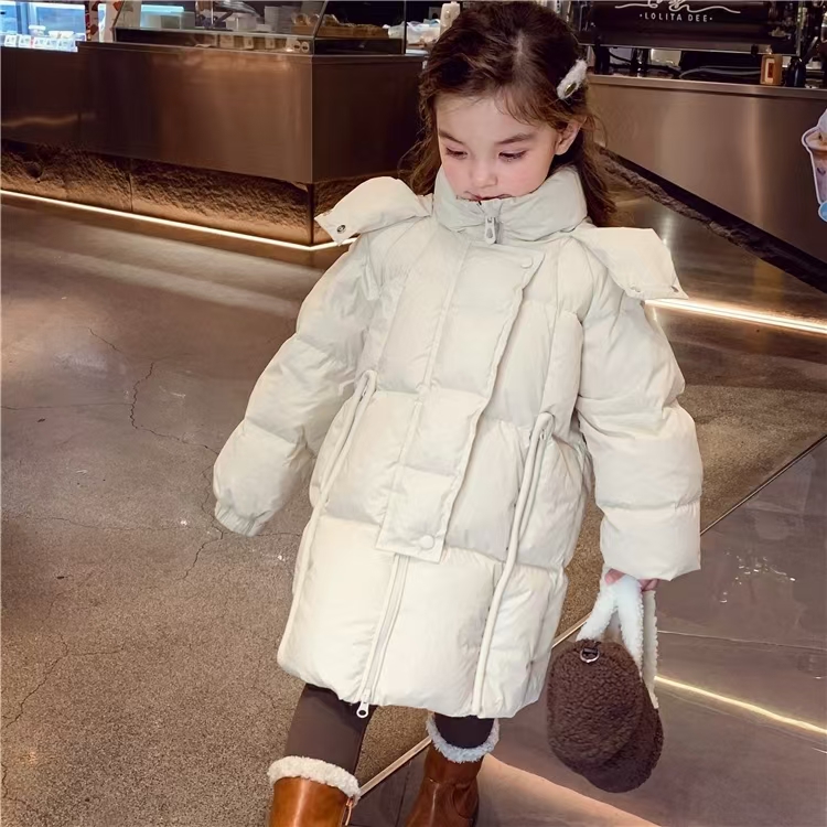 韩系女童纯色冬装洋气棉服中长款2025新款儿童时尚宝宝加厚外套