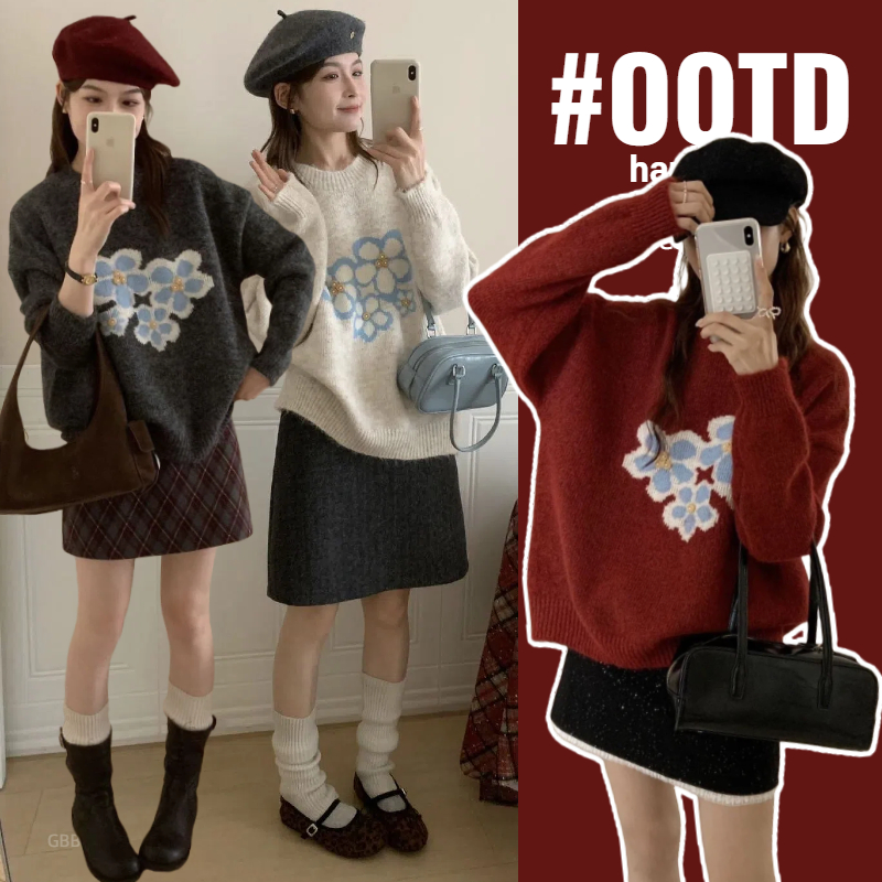 孕妇秋冬装时尚花朵提花百搭毛衣新款韩系宽松显瘦保暖针织衫上衣