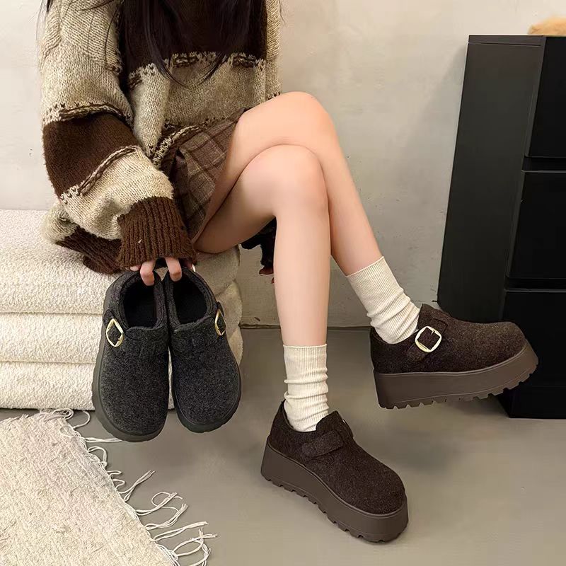 D1112加棉厚底勃肯鞋外增高平底毛呢包头2025新款女鞋（卡码拍小）