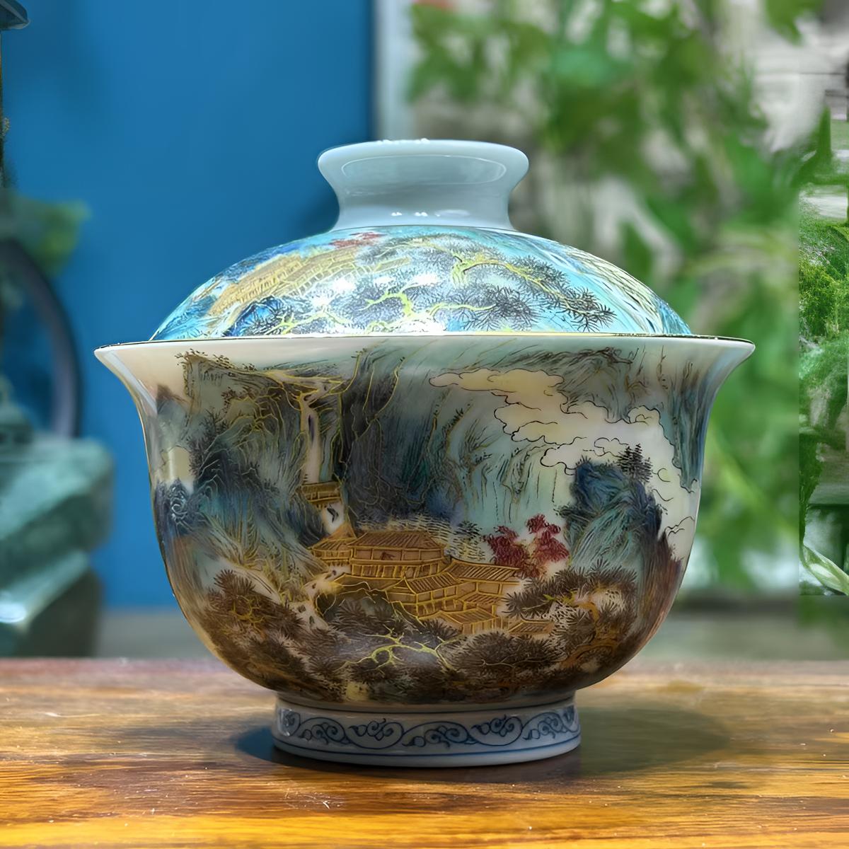 景德镇珐琅彩富春山居图家用中式高端茶器二才盖碗