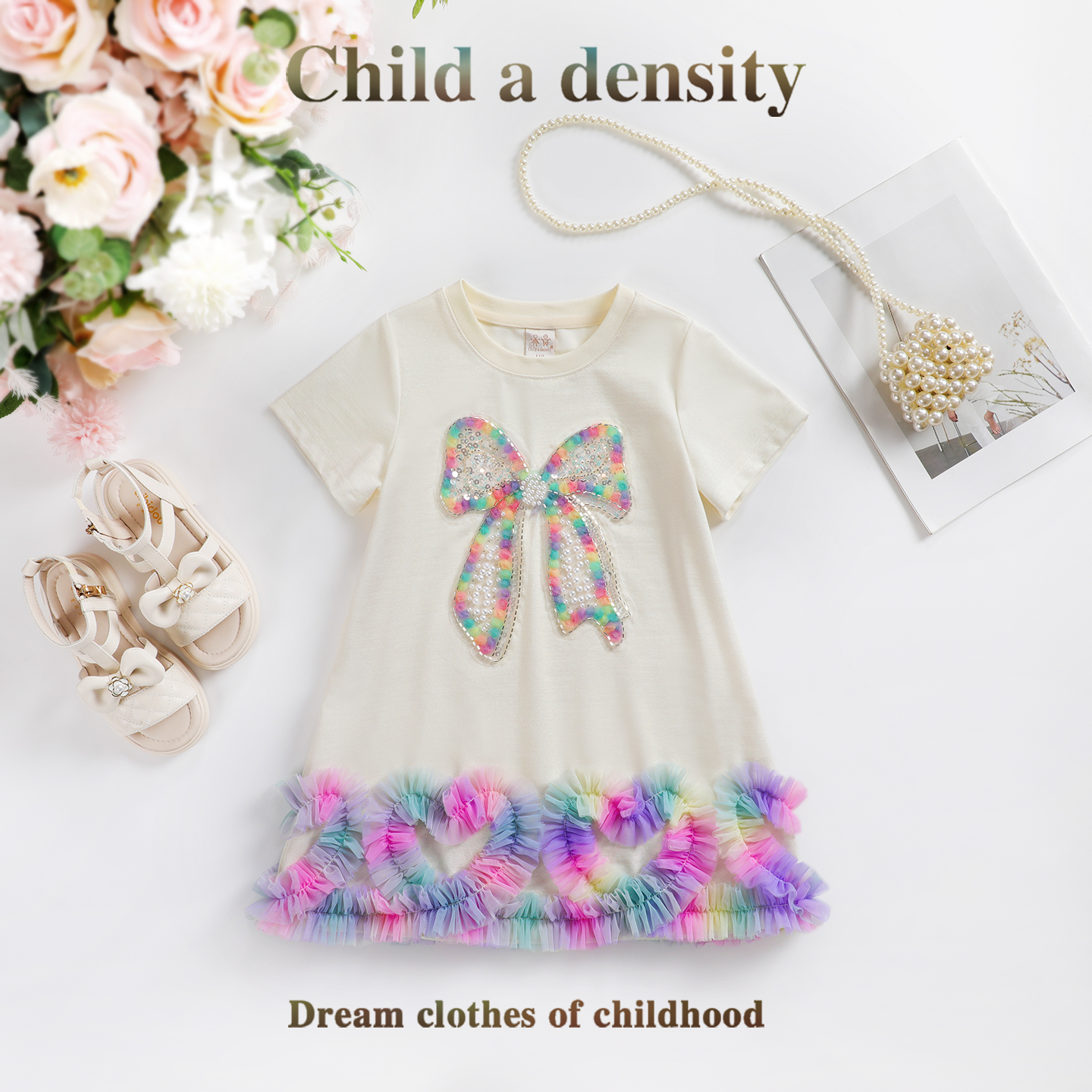 童一密度女童夏季新款连衣裙珠片蝴蝶结时尚T恤裙A615